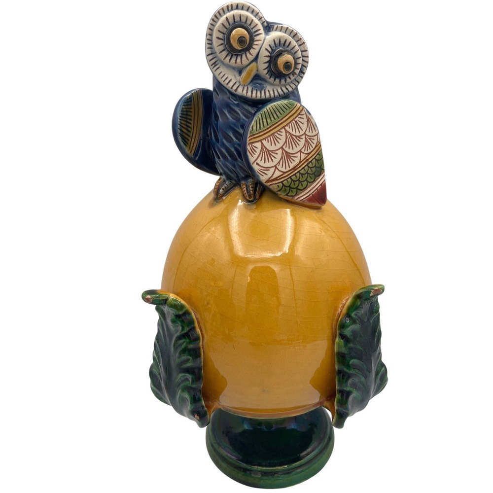 Italian Majolica Ceramic Owl on Egg Figurine La Terra Incantata Grottaglie